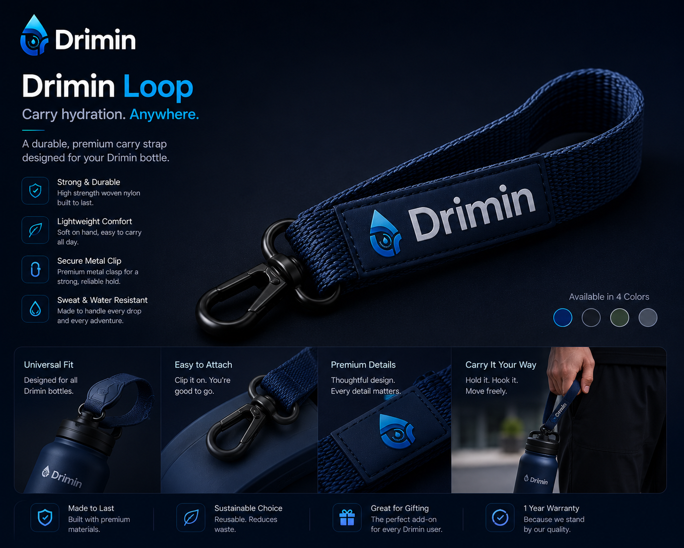 Drimin woven nylon carry strap with secure metal clip