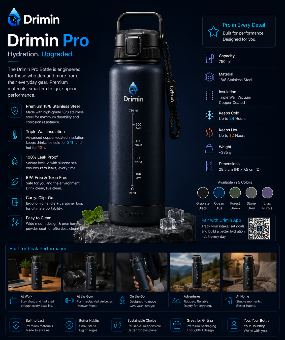 Drimin Pro smart water bottle with BLE and wireless charging
