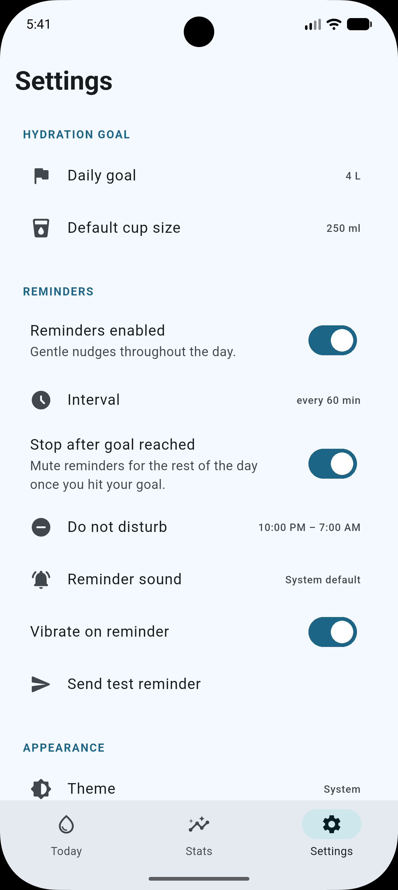 Drimin settings screen showing reminders, theme, accents and privacy controls.